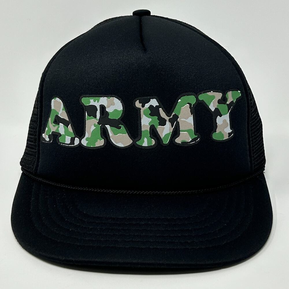 Vintage 80s US Army Trucker Hat Baseball Cap Black Camouflage Military Snapback